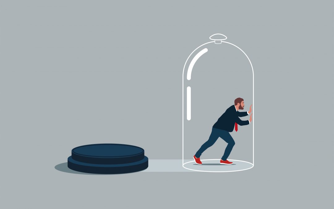 cartoon illustration of business man inside glass jar trying to push it